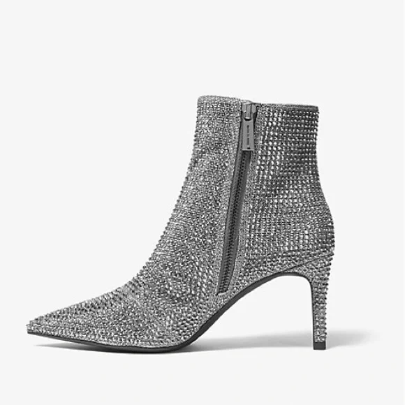 Michael Khors Woman’s 5 1/2 Silver Mesh Chain 3” Heel Ankle Boots With Side Zip - Picture 4 of 8